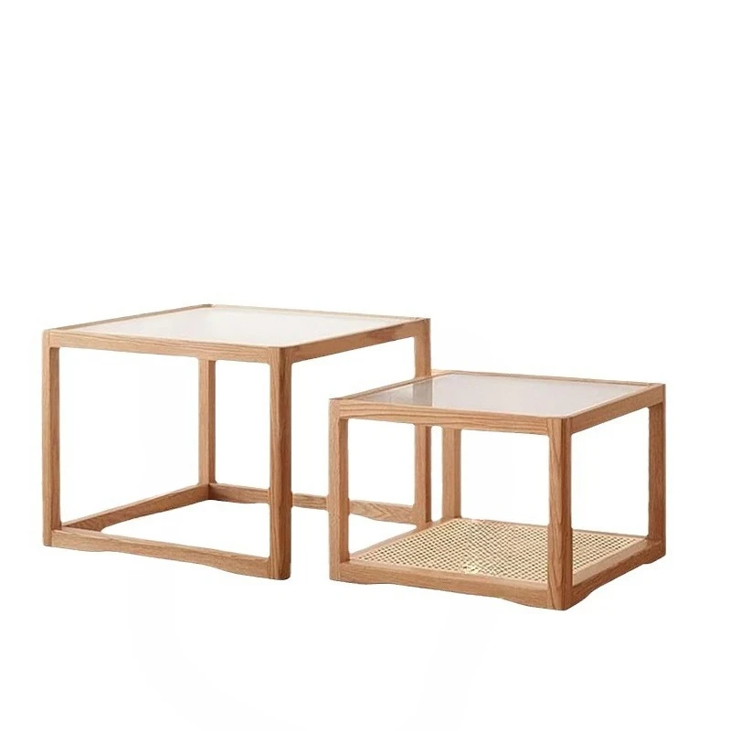 Oak square coffee table, living room wooden side table, rattan coffee table