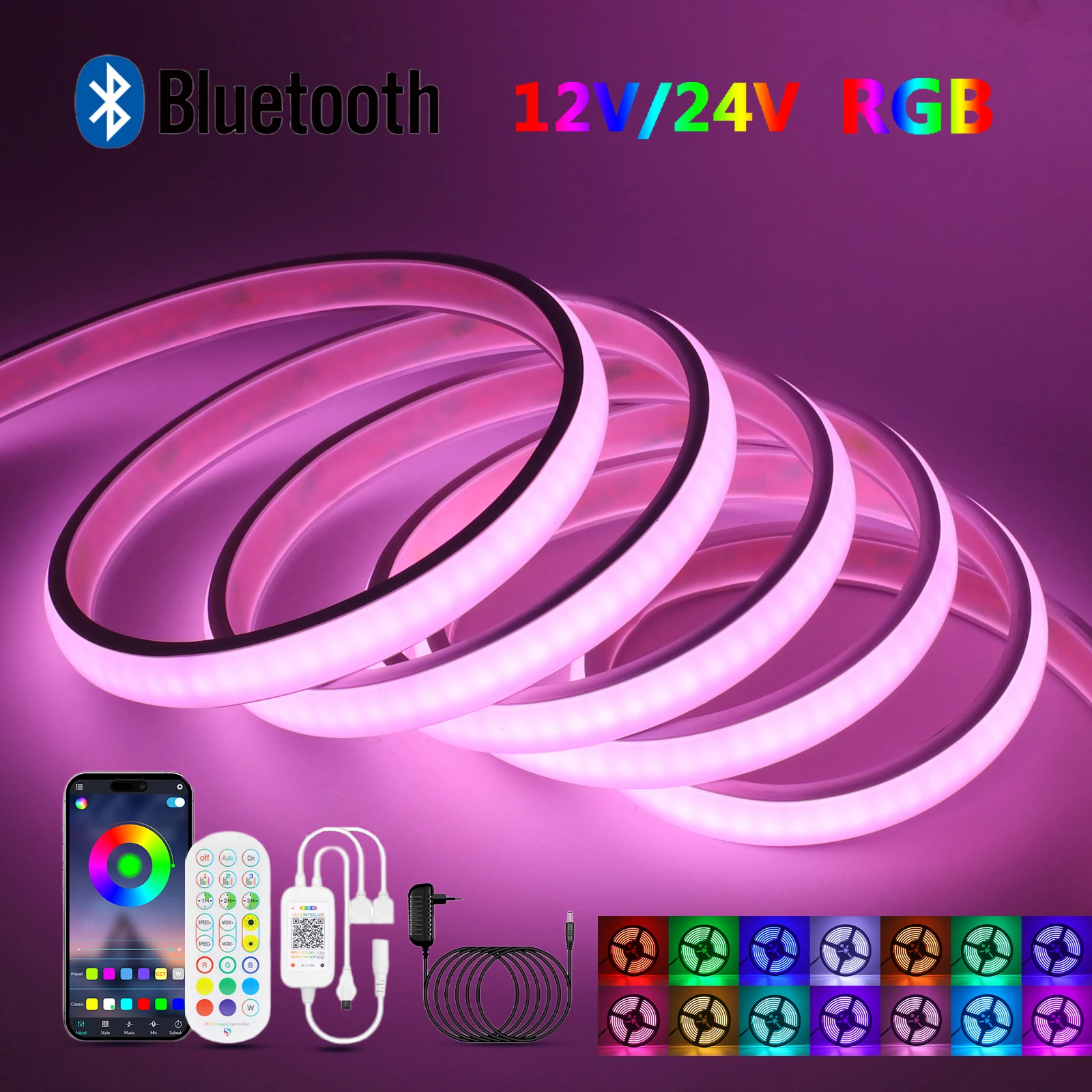 DC12V 24V Bluetooth 24Key Remote Control RGB COB LED Strip Light EU US UK AU Power Kit 576 LEDs Flex Lamp Waterproof 0.5m 5m 10m