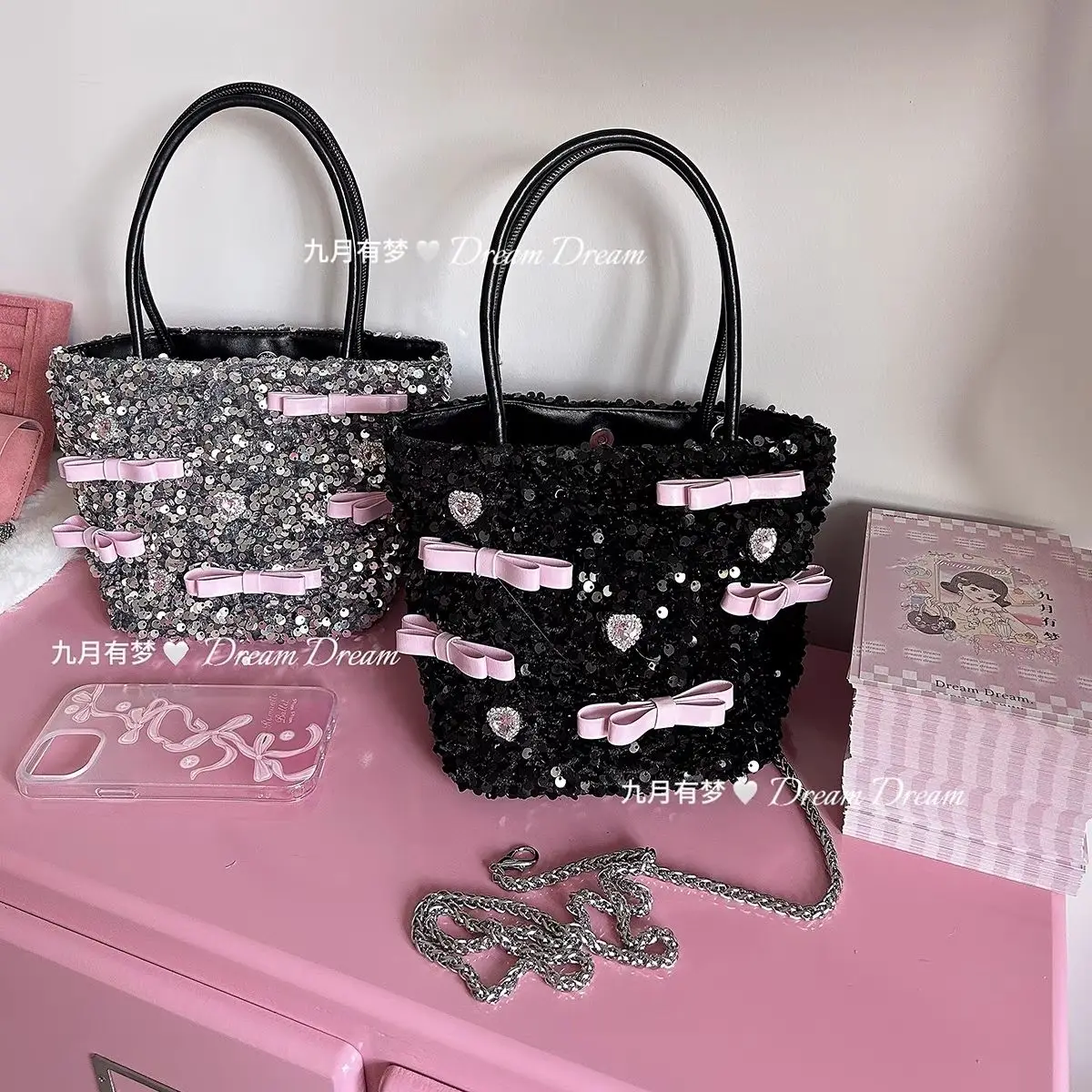 JIAERDI Beading Y2k Bucket Bag Purse Women Fairycore Aesthetic Shining Chain Black Messenger Bag Female Sweet Cool Bow Hand Bag