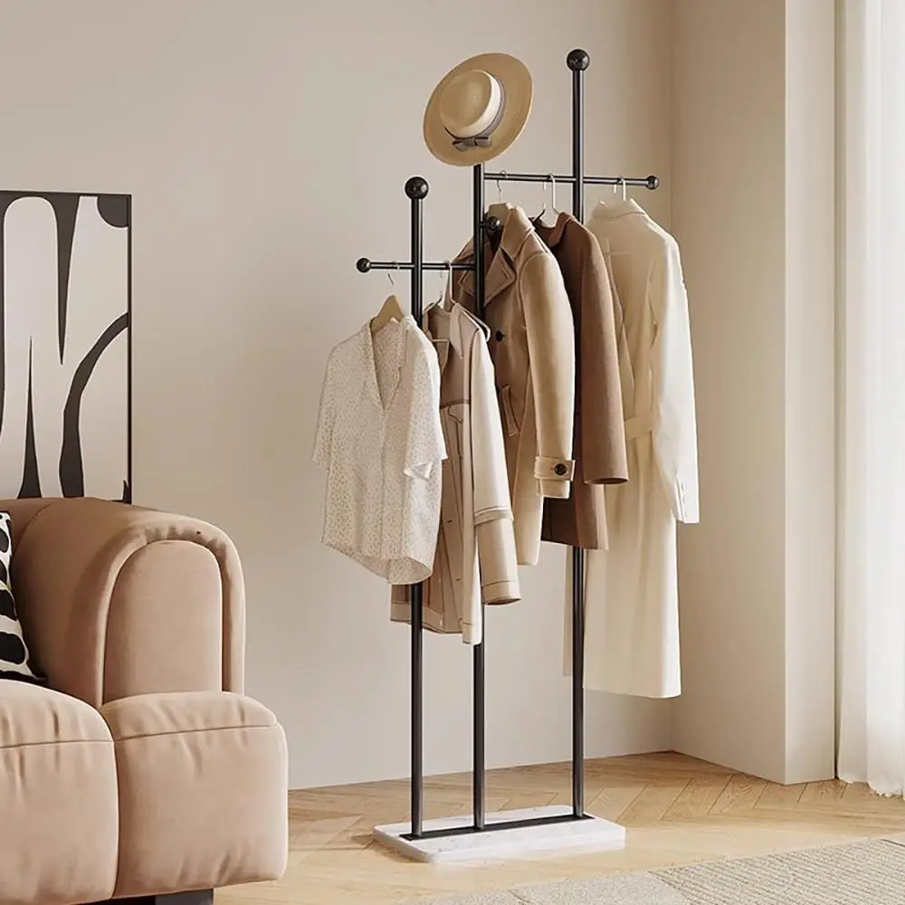 Marble-Base Metal Coat Rack, Heavy-Duty Hanger for Clothes, Hats, Scarves, Purses - 19.69x11.02x68.9 Inches (Black)
