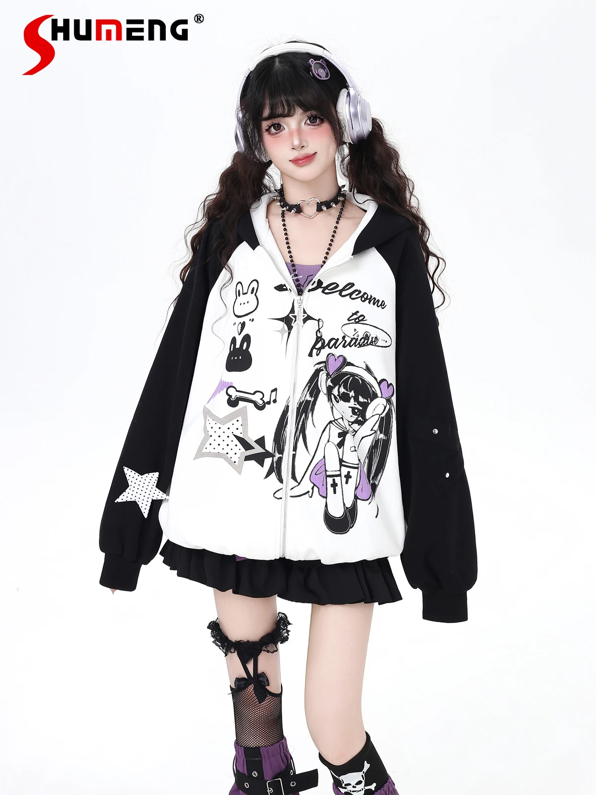 

Original Japanese Style Sweet Cool Cute Girl Y2K Tops Cartoon Print Loose Casual Versatile Hooded Sweatshirt Jacket Women Autumn