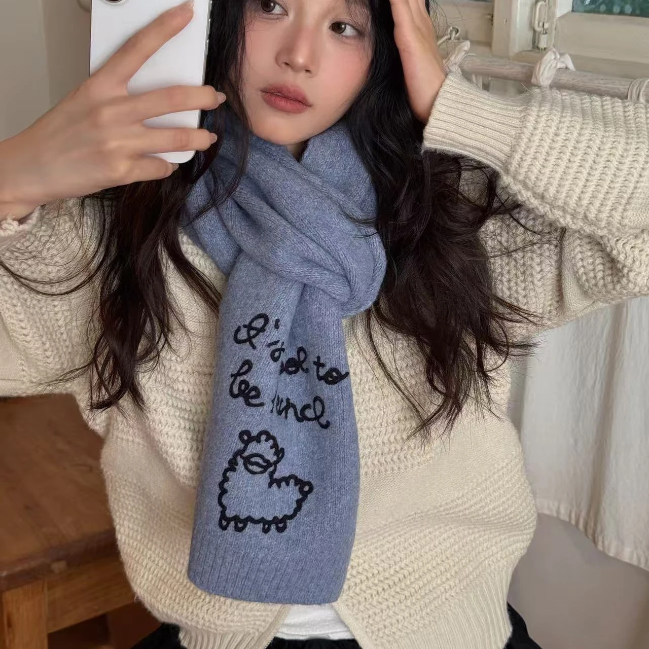 Scarf Women Cute Sheep Letter Embroidery Knitted Scarf Soft Warm Winter Neck Wrap Casual Sweet Student Shawl Fashion Daily Outfi