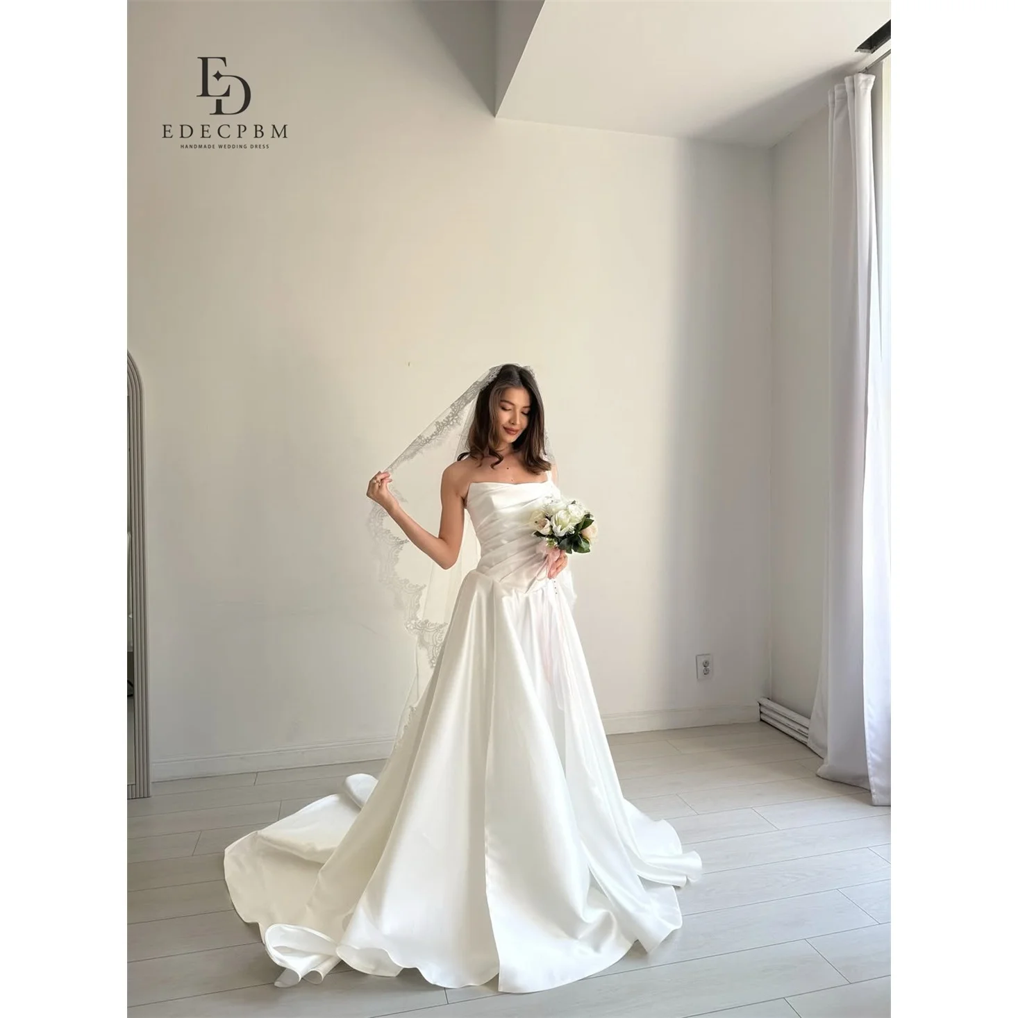 

EDECPBM Satin Strapless White A-Line Evening Dress 2026 Prom Dress Elegant Luxury Formal Ruched Customized Robes de Soirée