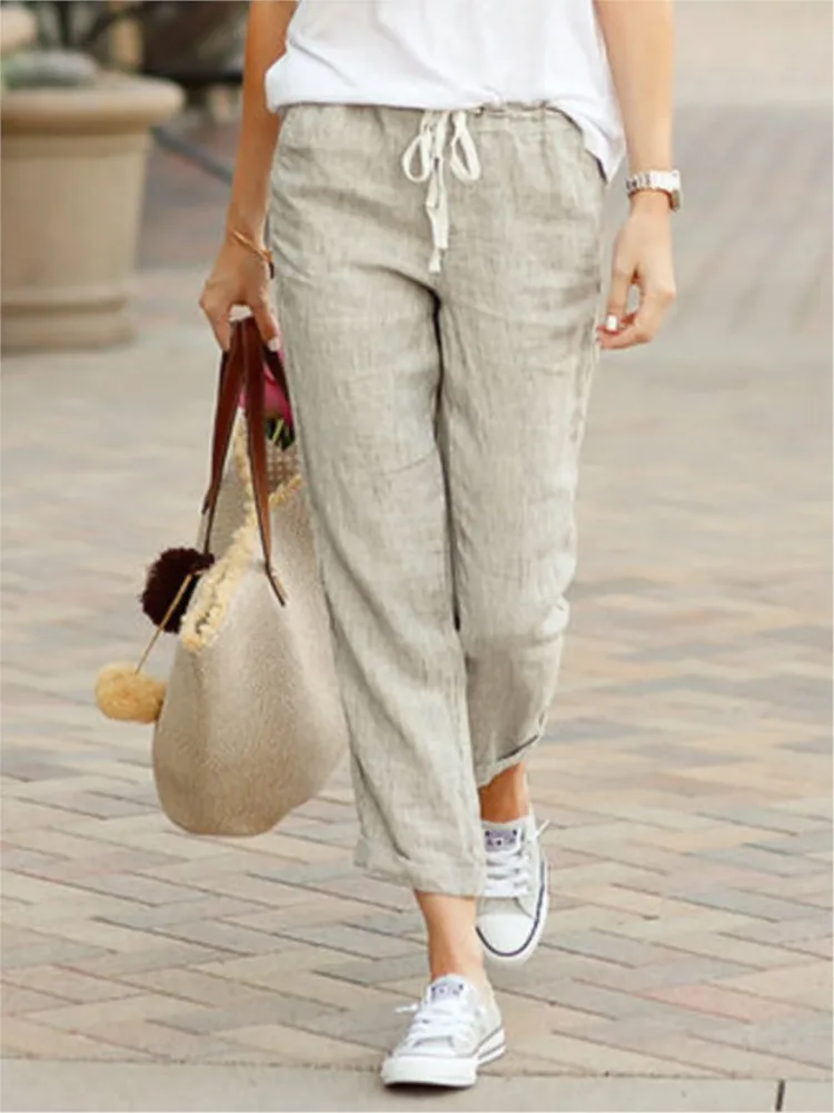 Fashion Black Casual Pants New Spring And Autumn Solid Color Loose Casual Drawstring Elastic Waist Cotton And Linen Trousers