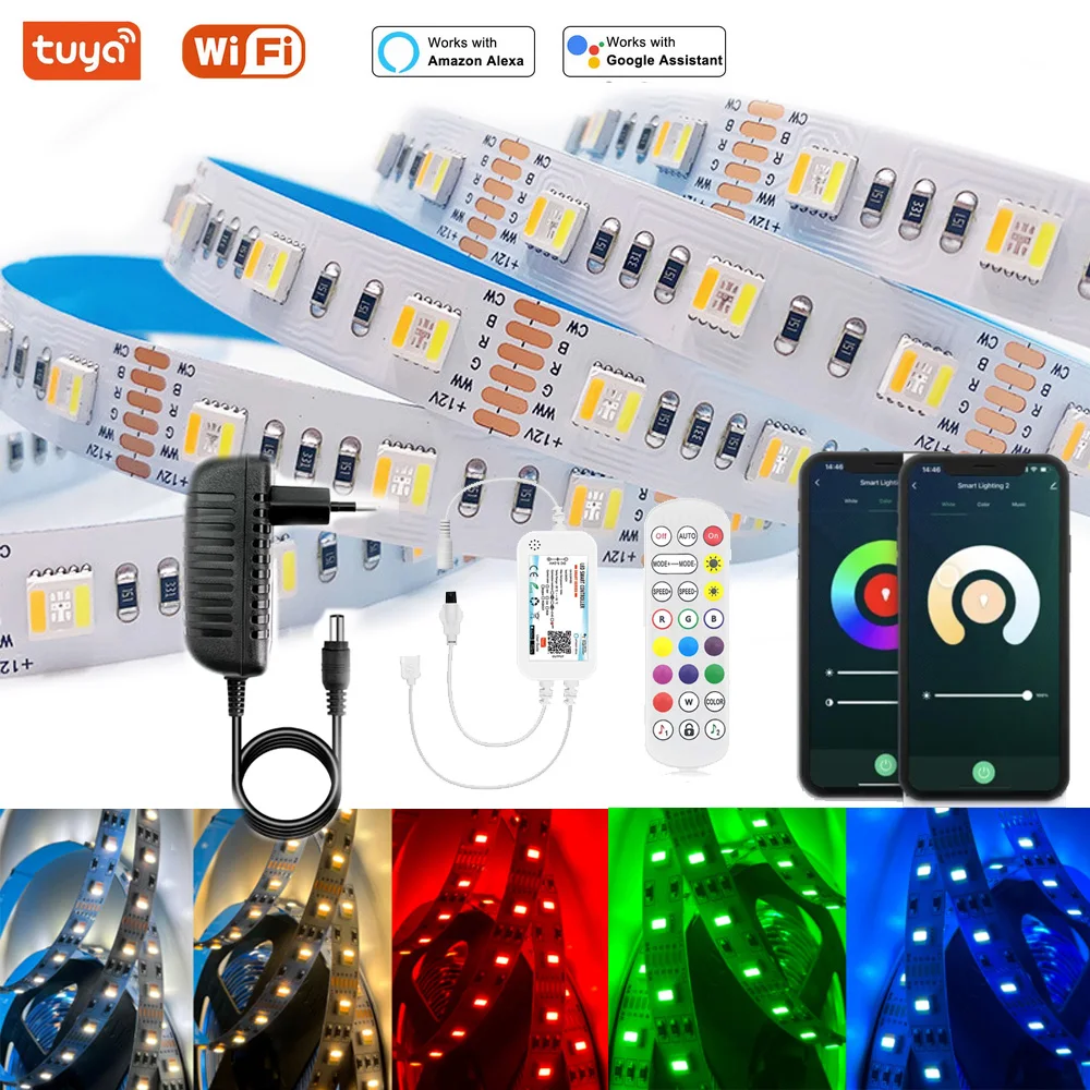 DC12V 5050 5in1 RGBCCT Led Light Tuya Wifi 1-5M RGBCW LED Strip Kit 60leds/m 2700 - 6500K Room Decor Smart Life for Alexa Google