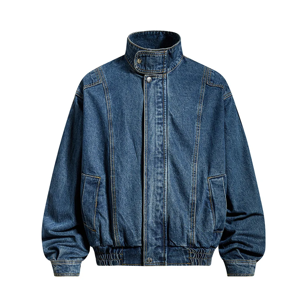 Men's Stand Collar Denim Jacket Zip Up Button Casual Loose Fit Streetwear Vintage Jean Coat 2026 New