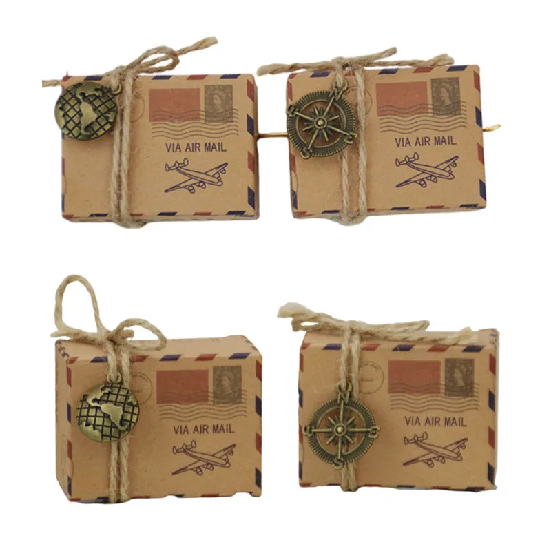 Boîte à bonbons en papier Kraft Vintage, 10/20 pièces, timbre, thème de voyage, courrier aérien, boîte d'emballage cadeau de mariage avec corde, décoration de fête