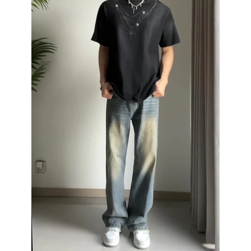 Retro Blue High Waist Knife  Men's Jeans Summer Thin Washed Trendy American Vibe Flared Straight Leg Jeans for Teens