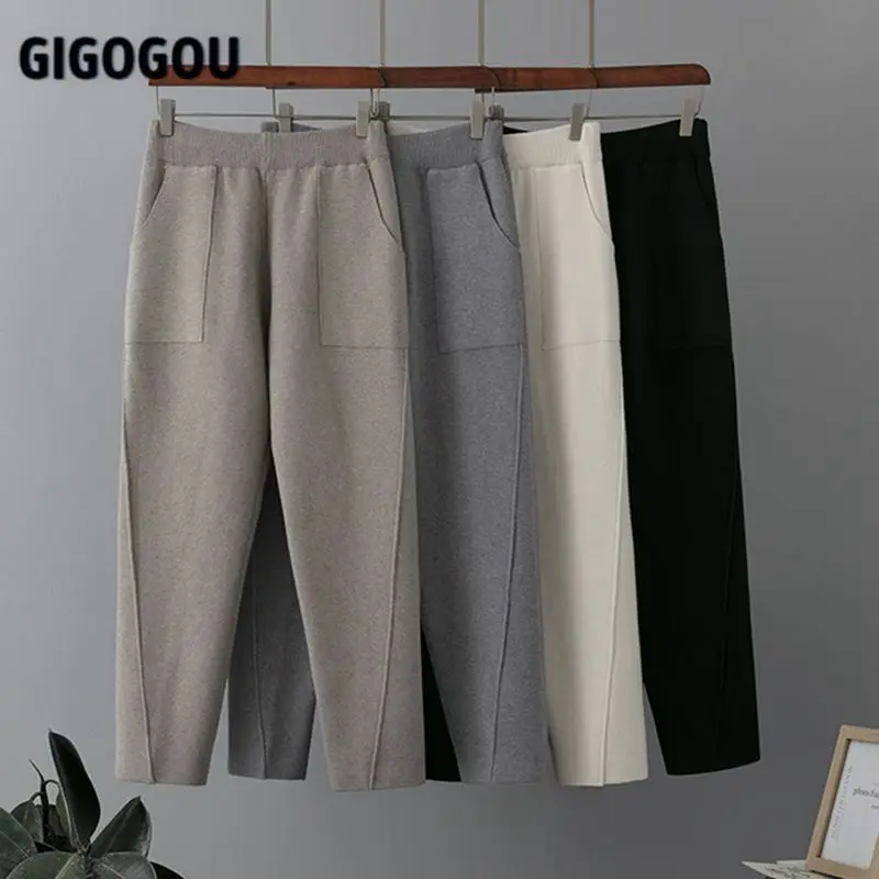 GIGOGOU Fashion Striped Women Harem Pants Autumn Winter Solid Peg Leg Fly Pants Workwear Carrot Trouser Knitted Thick Warm Pants