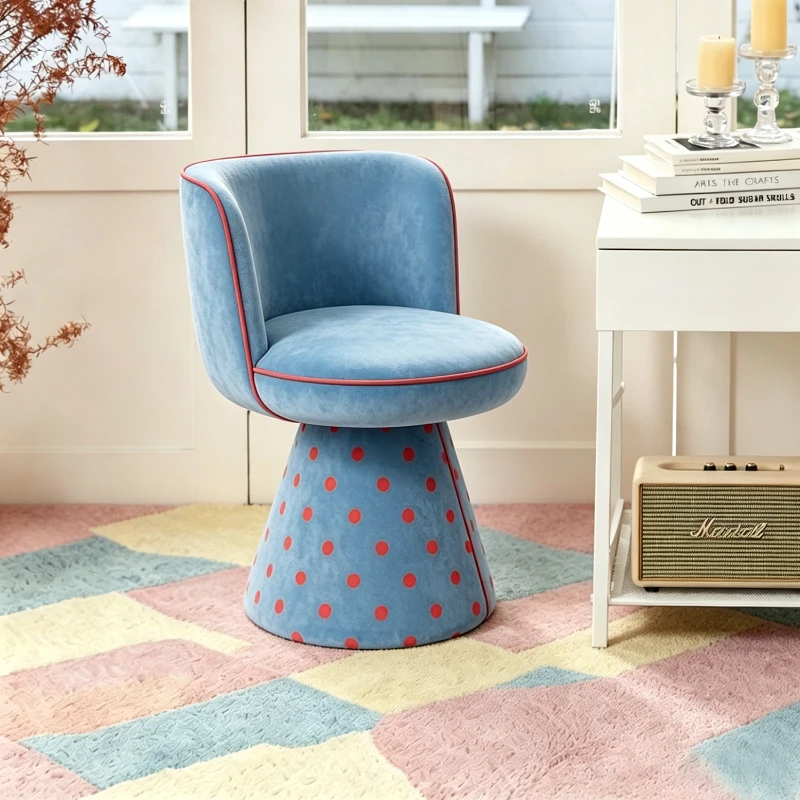 Polka Dot Fabric Rotatable Backrest Makeup Stool, Stylish Dressing Chair for Bedroom Vanity Area