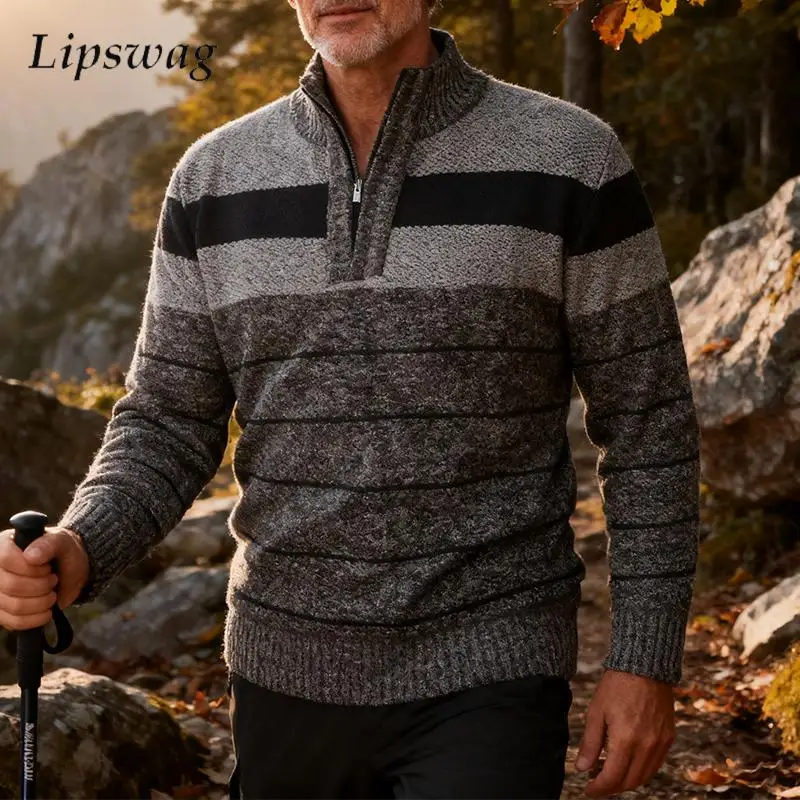 

Деловые повседневные полосатые свитера, мужские осенне-зимние модные вязаные джемперы с воротником-стойкой на молнии, мужские облегающие свитера с длинными рукавами
