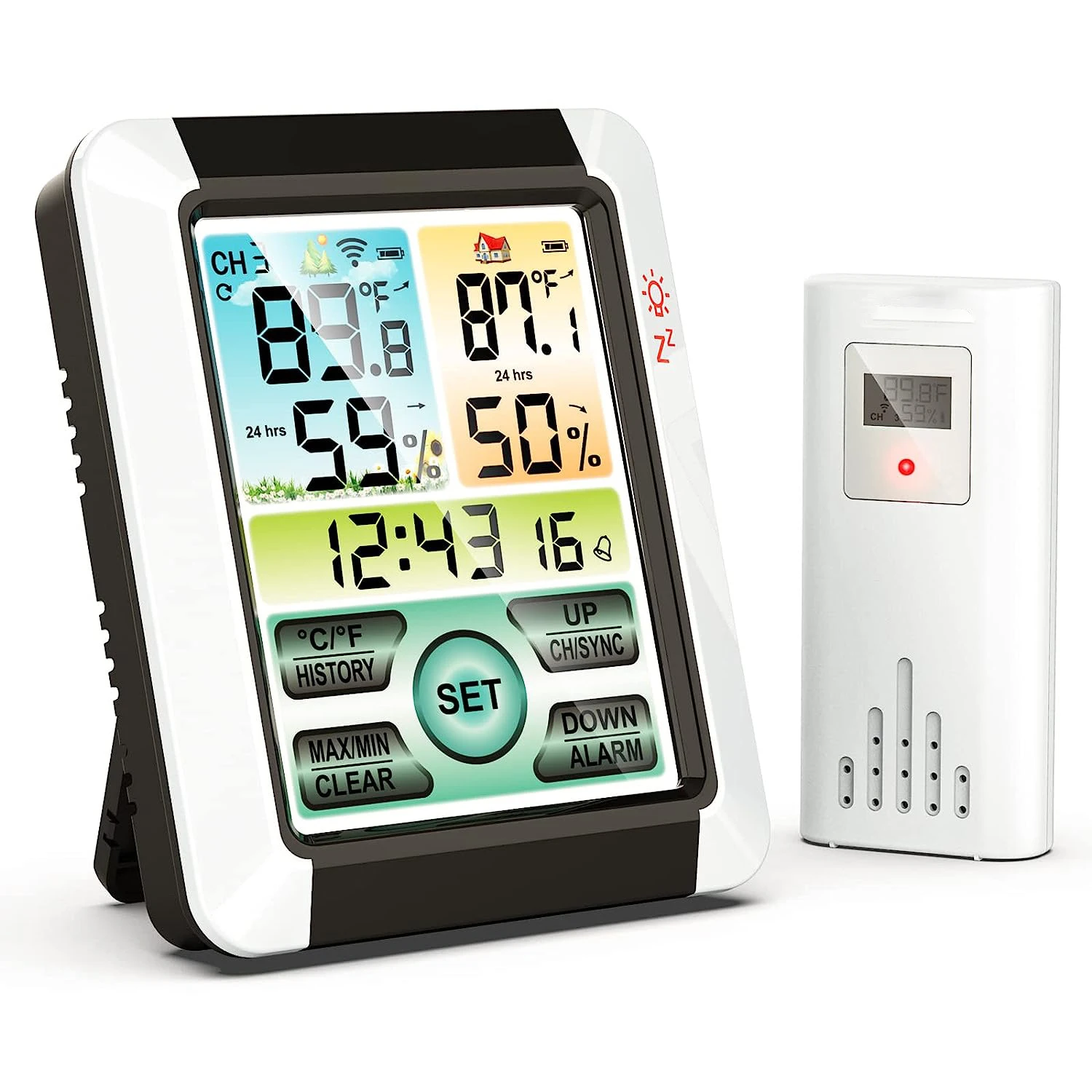 

Digital Wireless Thermometer Hygrometer Indoor Outdoor, Color Display Weather Station with Clock, Temperature Humidity Monitor