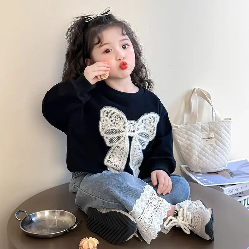 Toddler Baby Girl Big Lace Bow Sweatshirt Casual Infant Cotton Loose Dot Pullover Children Round Neck Long Sleeve Top Clothes