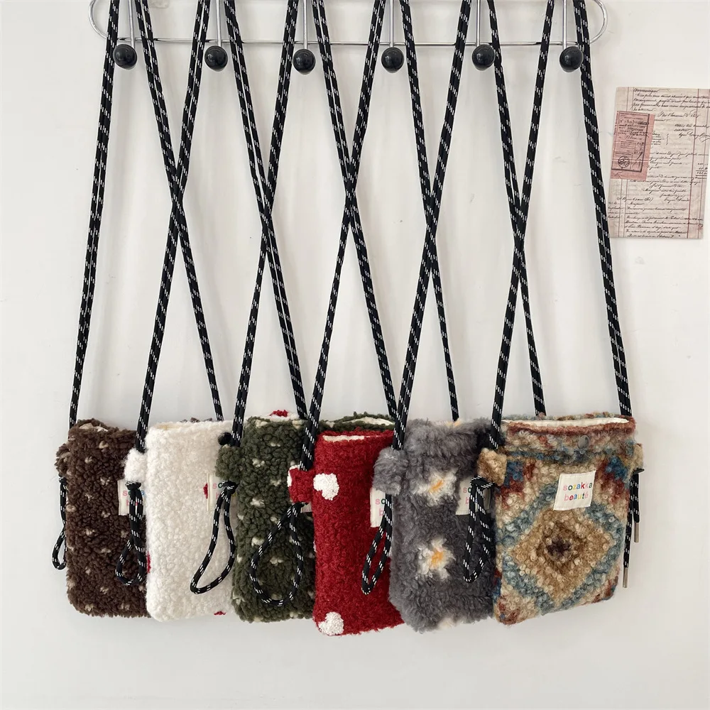 Women Plush Crossbody Bag Striped Floral Mobile Phone Bags Cute Mini Wallets Plush Shoulder Bags 2025 Autumn Winter Coin Purse image 2