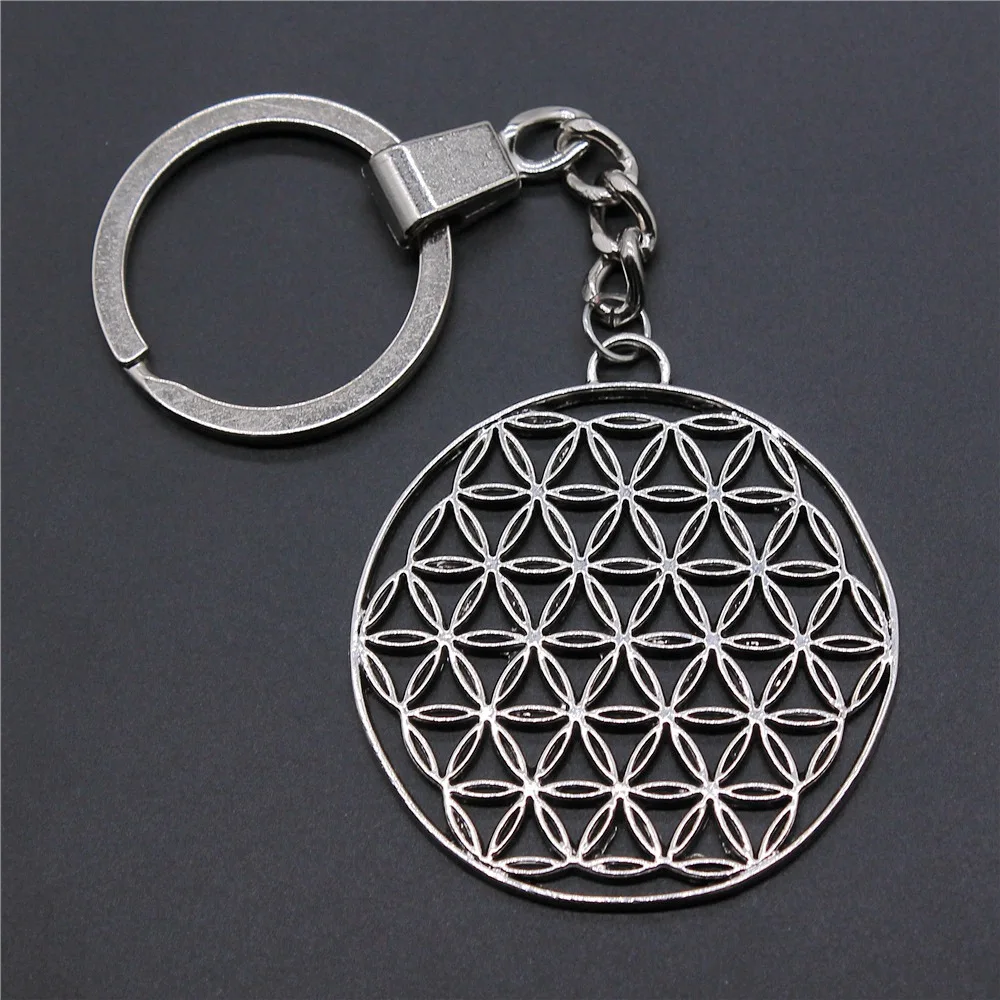 Woemn Men Keychain Dropshipping Antique Silver Color 48x44mm The Flower Of Life The Seed Of Life Pendant Keyring Gift