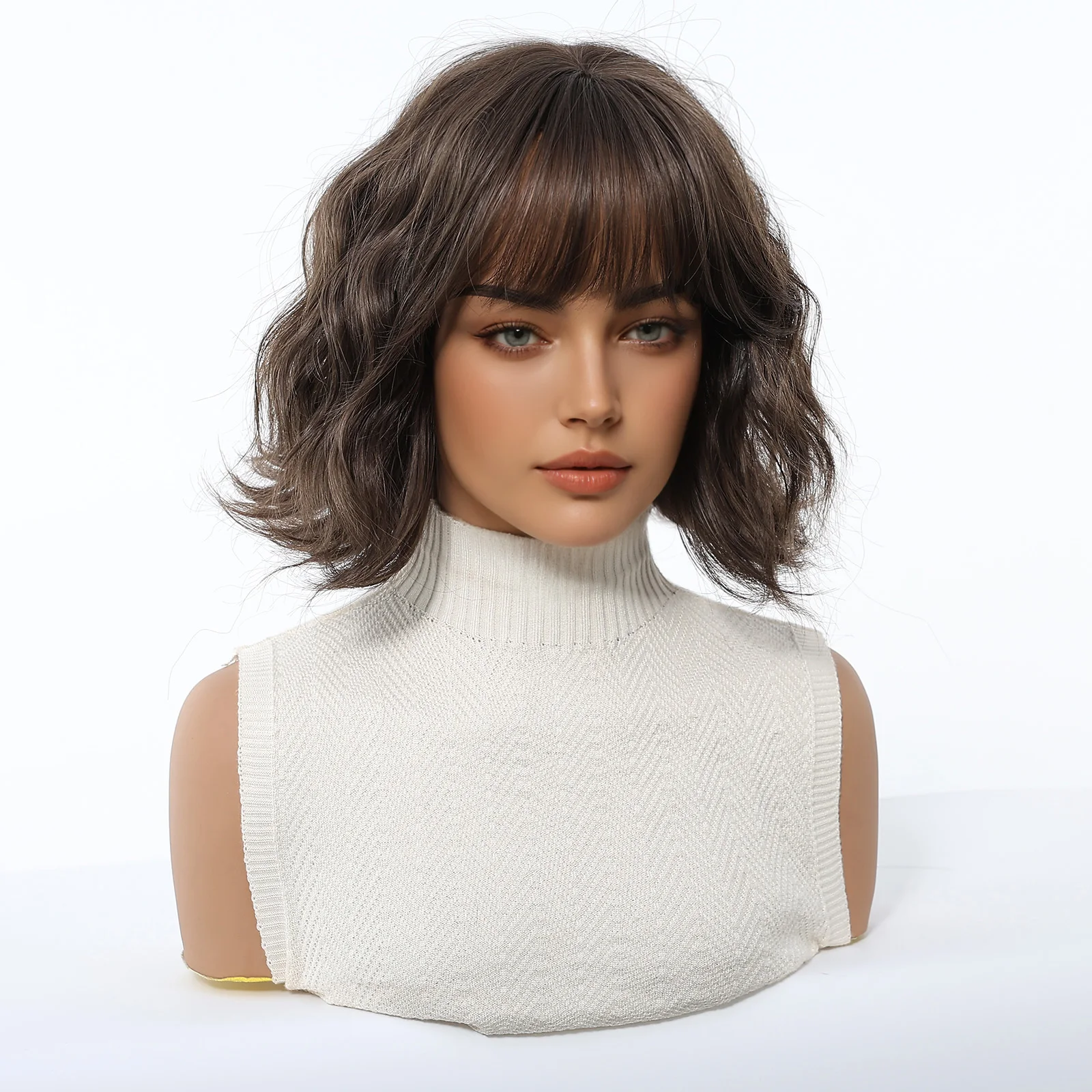 Short Wavy Dark Brown Synthetic Wigs for Women Cosplay Hair Bob Wigs With Bangs Lolita Party Heat Resistant Natural Fake Hair