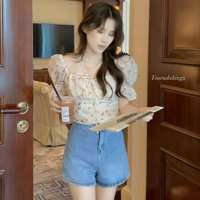 Puff Sleeve Blouses Women Hotsweet Floral Young Beach Style Casual Y2k Tops Fashion Summer Ulzzang Daily Ins All-match Simple
