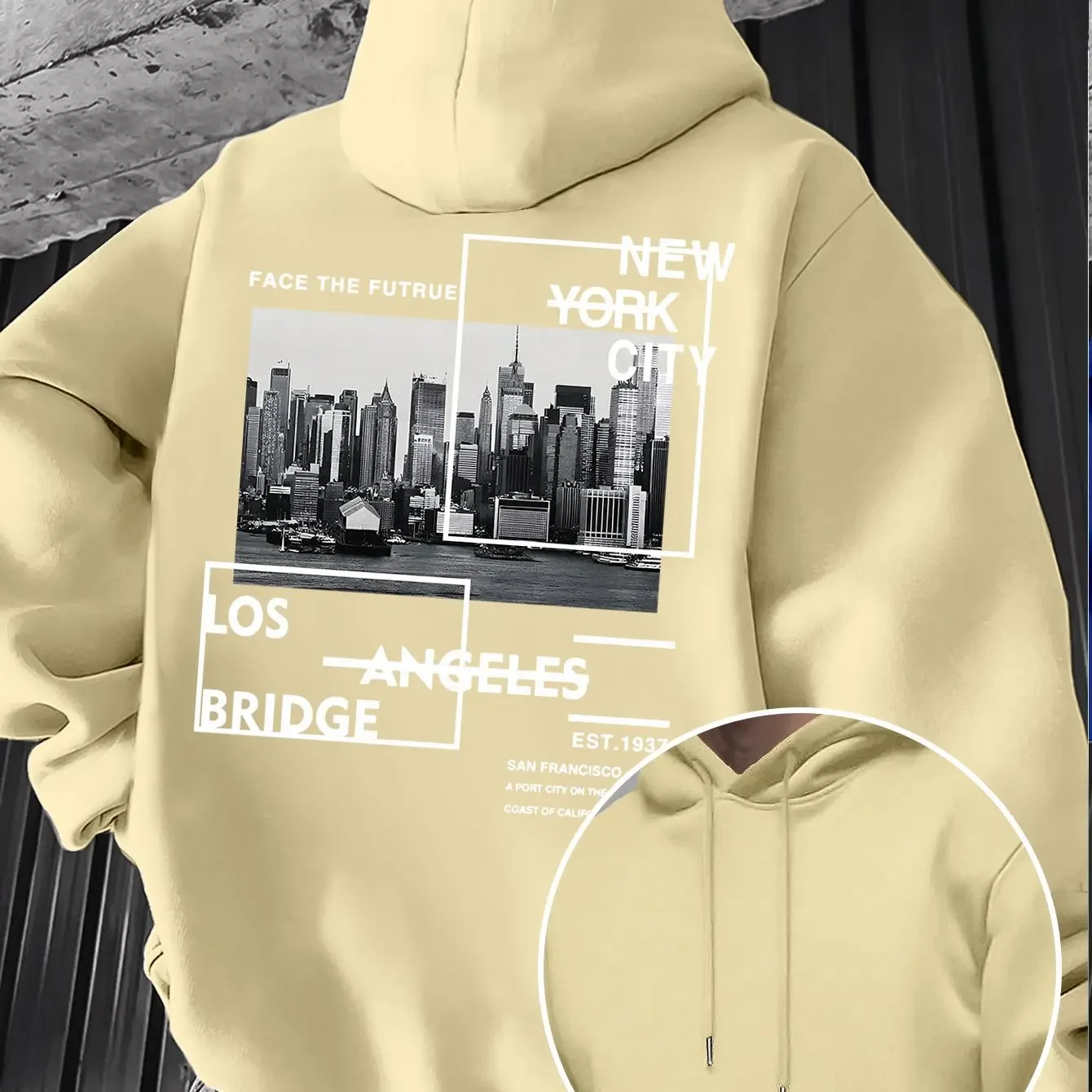 Men Minimal Frame NYC Los Angeles Bridge Slogan Sided Hoodie Oversized Face The Future Inspirational Streetwear Sweatshirt