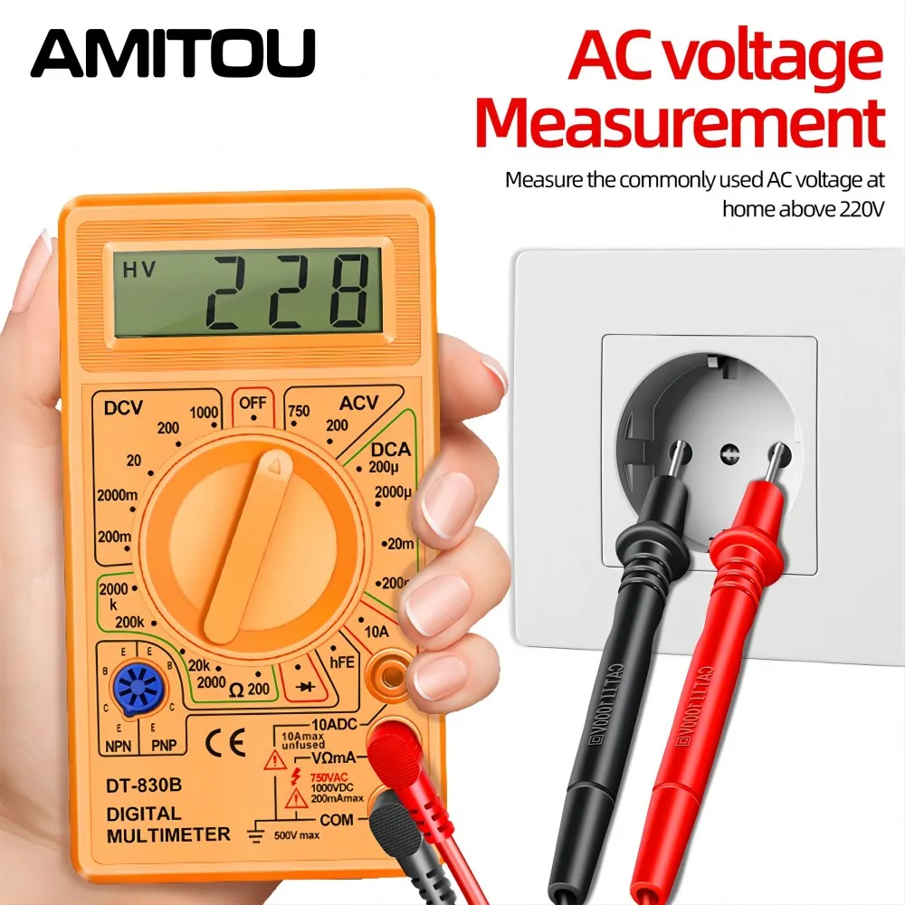 AMITOU DT830B Digital Multimeter AC/DC LCD Mini Voltmeter Ammeter Ohm Tester 750/1000V High Safety Handheld Meter With Probe