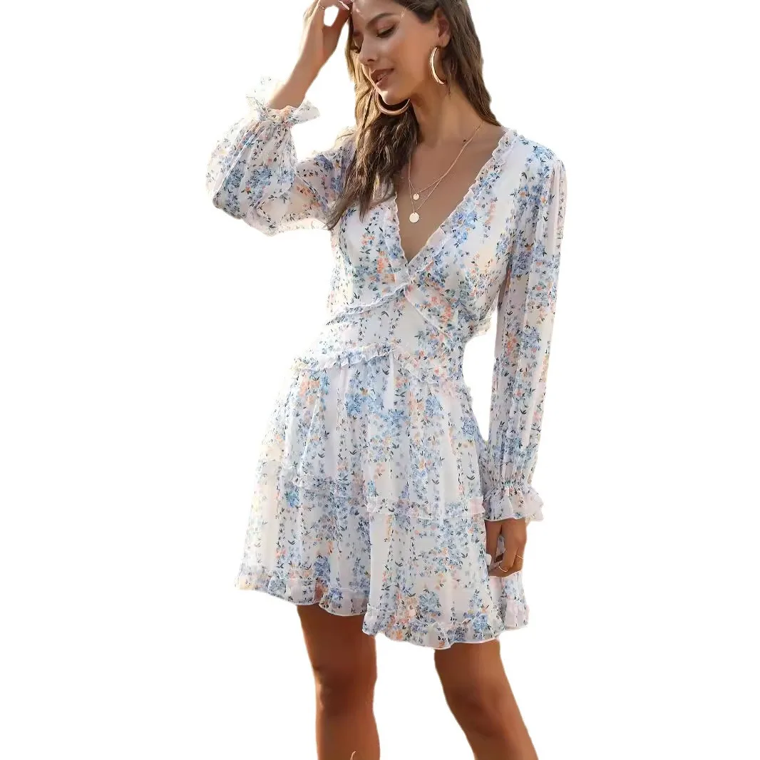 Autumn Women V-neck Long-sleeved Boho Printed Bouquet Waist A-line Dress For Women's Vacation Style Sweet Temperament Mini Dress