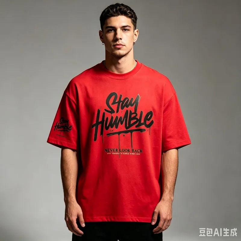 Stay Humble Graffiti Never Look Back Print Men T-Shirt, 100% Cotton Loose Fit Streetwear, Casual Hip Hop Tee for Everyday Style