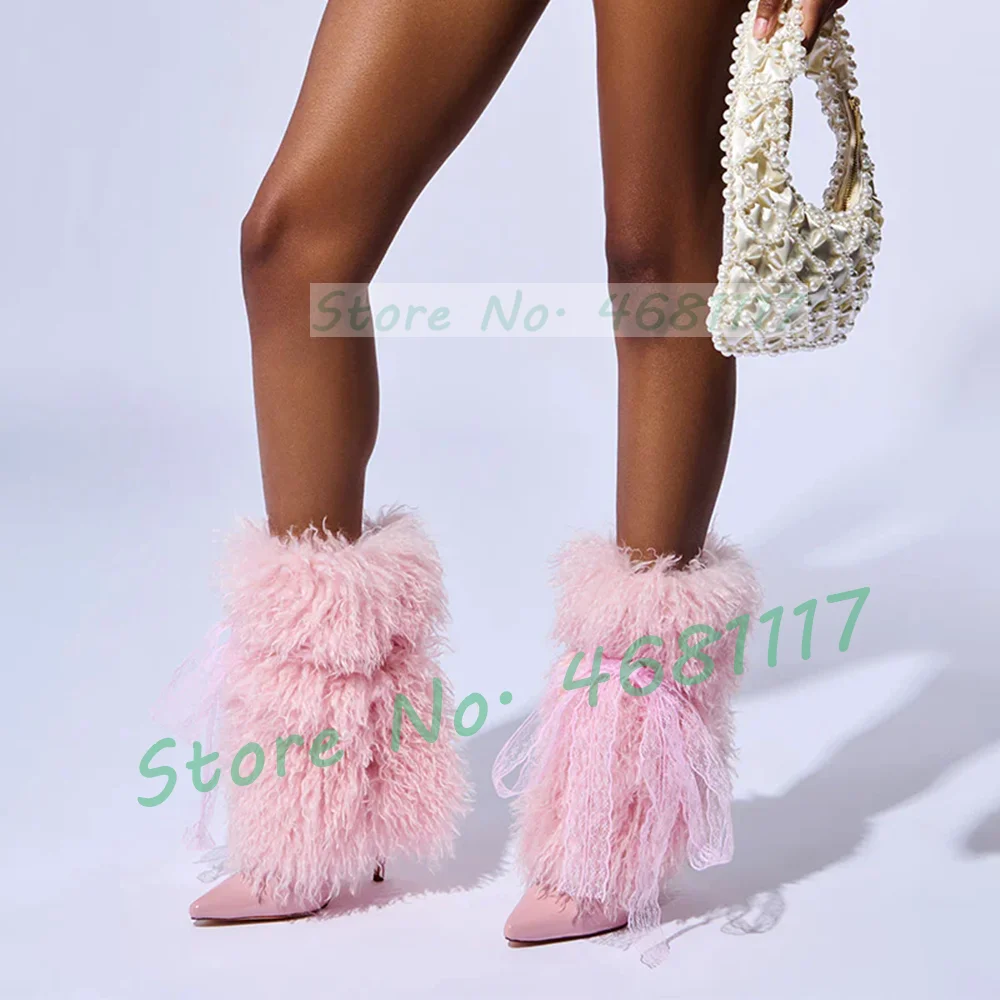 Pink Curly Fur Ankle Boots With Lace Bowknot Women Sweet Pointy Toe High Heels Booties Female Wide Fit Slip On Solid Dress Shoes