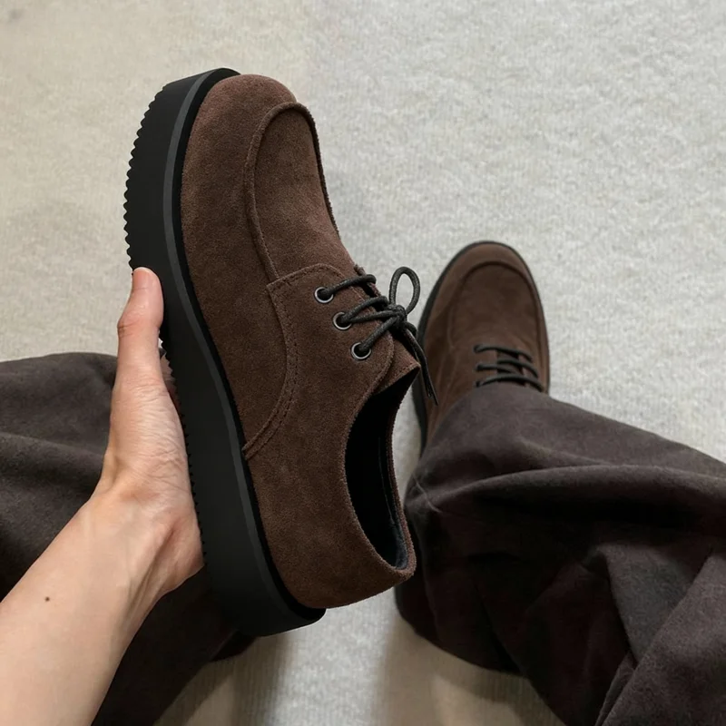Suede Round Toe Loafers Business Wedding Men Casual Leather Shoes Vintage British Height Increasing Versatile Derby Shoes