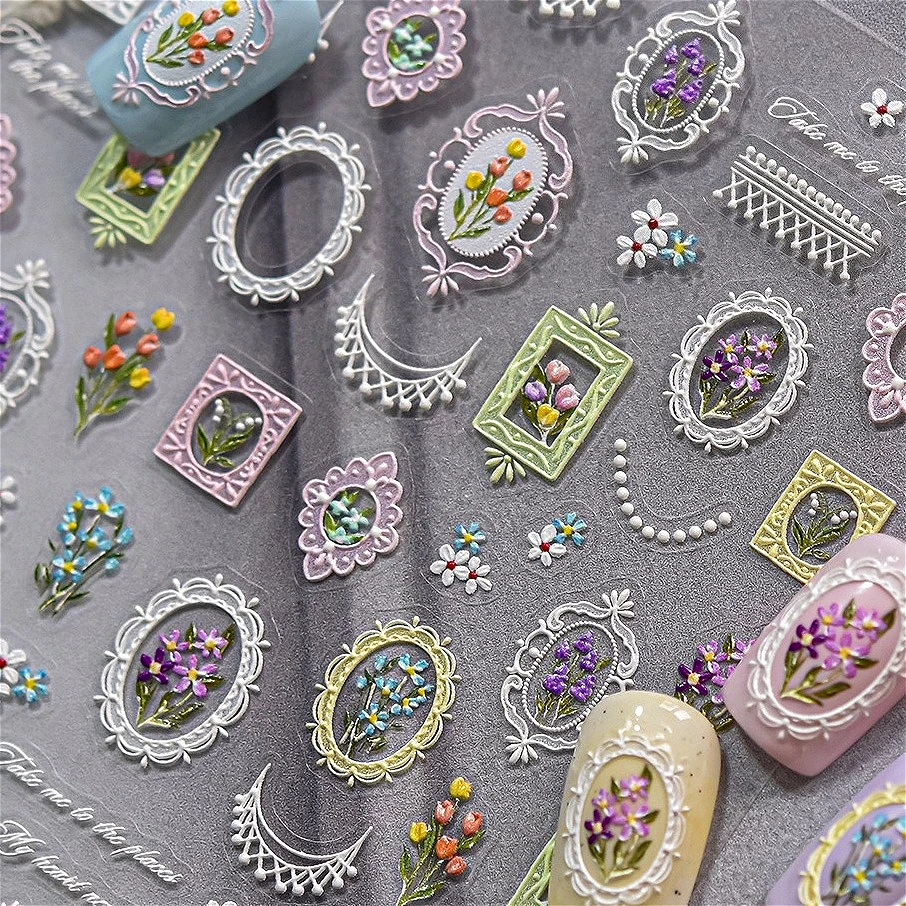 

Retro Photo Frame Tulip Rose Flower Bouquet Lavender Lily Daisy Tassel Coil Button Notebook Cloth Fabric Nail Art Stickers Decal