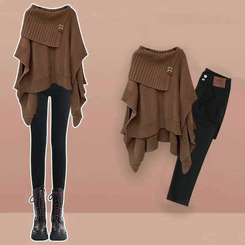 Women's Spring Autumn Retro Brown Shawl Sweater Pants 1 or Two Piece Set Lady Loose Knit Batwing Sleeve Tops Trousers Outfits