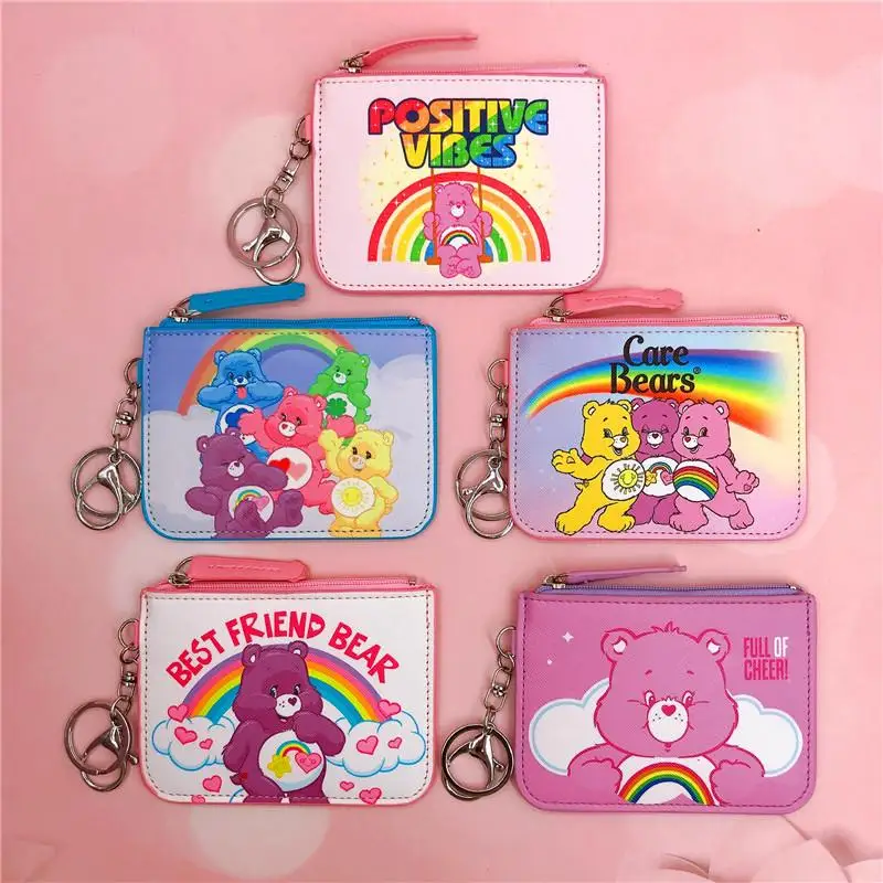 Kawaii Cute Care Bears Card Holder Zero Wallet Cartoon Pu Card Sleeve Chest Badge Cover Key Ring Student Bus Card Bag Girls Gift