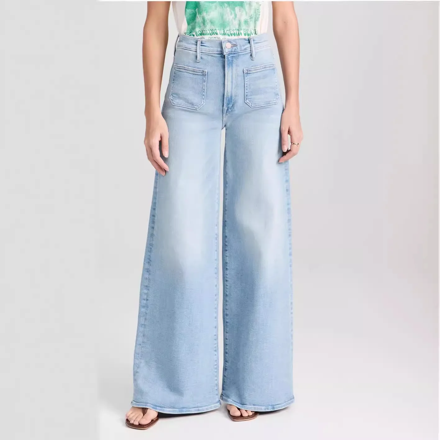 

Women Wide Leg Flared Denim Pants Ladies Casual High Waisted Long Jeans