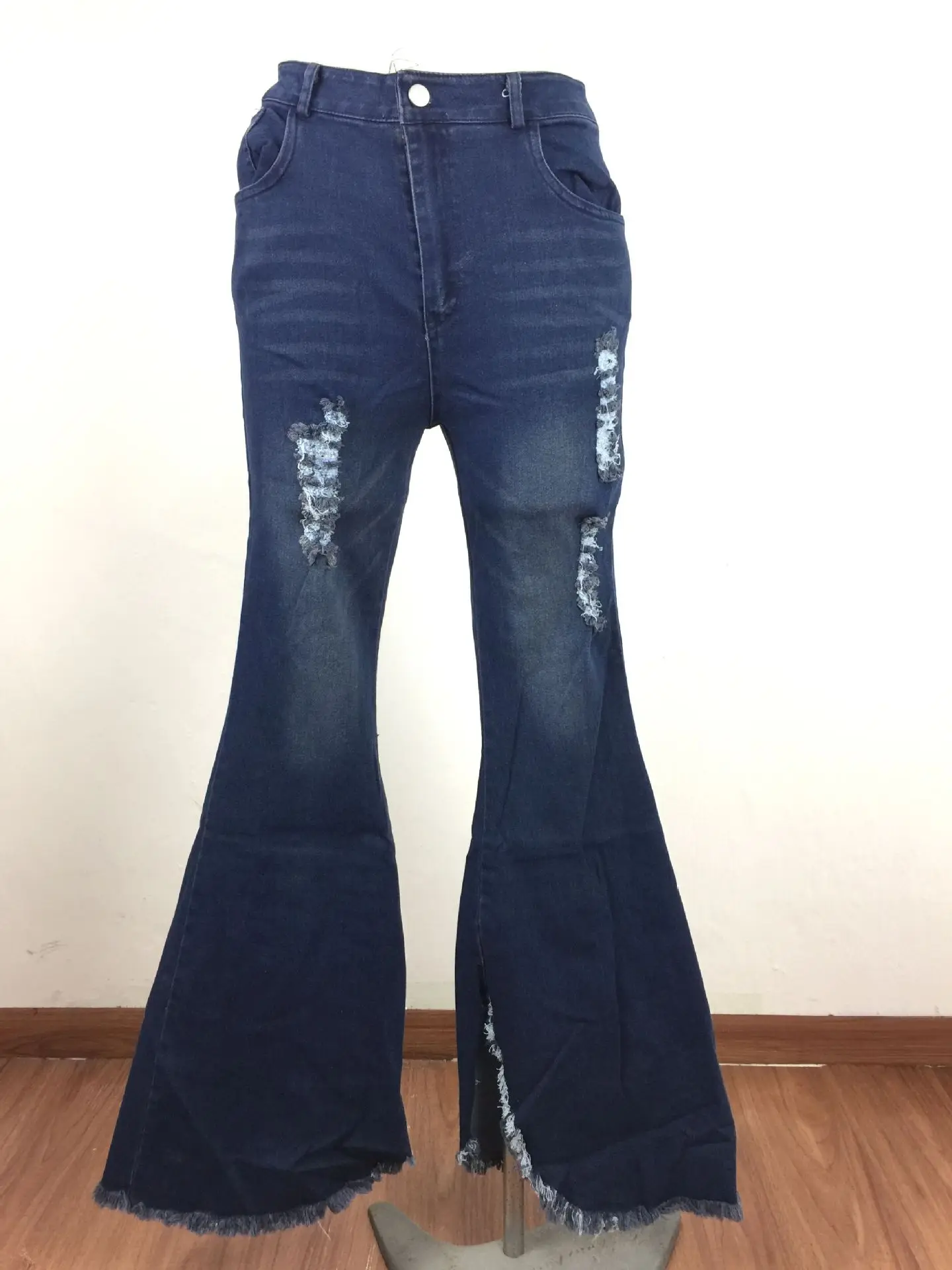Sexy Women's Perforated Blown High Waist Flared Jeans Female Daily Clothing New Fashion Women Casual Slimming Denim Pants