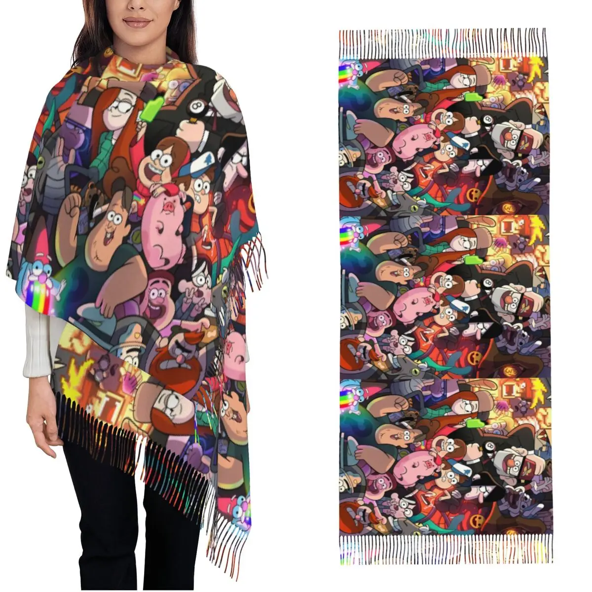 Women's Scarf with Tassel Gravity Falls All Characters Large Winter Fall Shawl and Wrap Cartoon Anime Daily Wear Cashmere Scarf