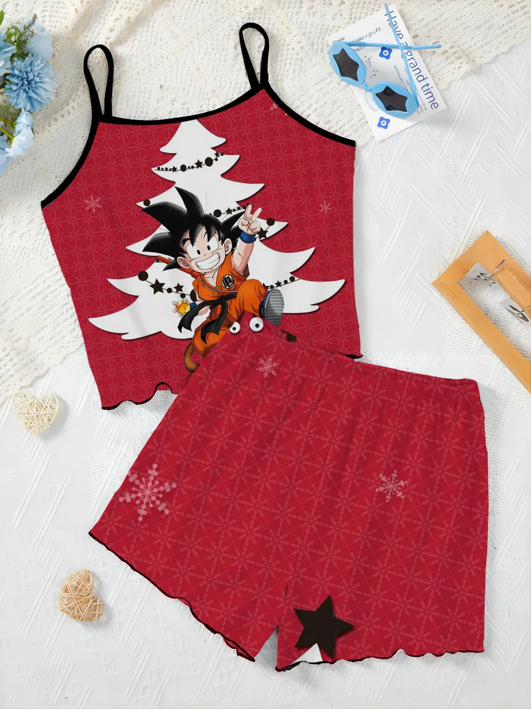 Women's Two Pieces Set Top Slip Dress Pajama Skirt Short Sets Lettuce Trim Dragon Ball T-shirt Son Goku Elegant Suit Home Dress