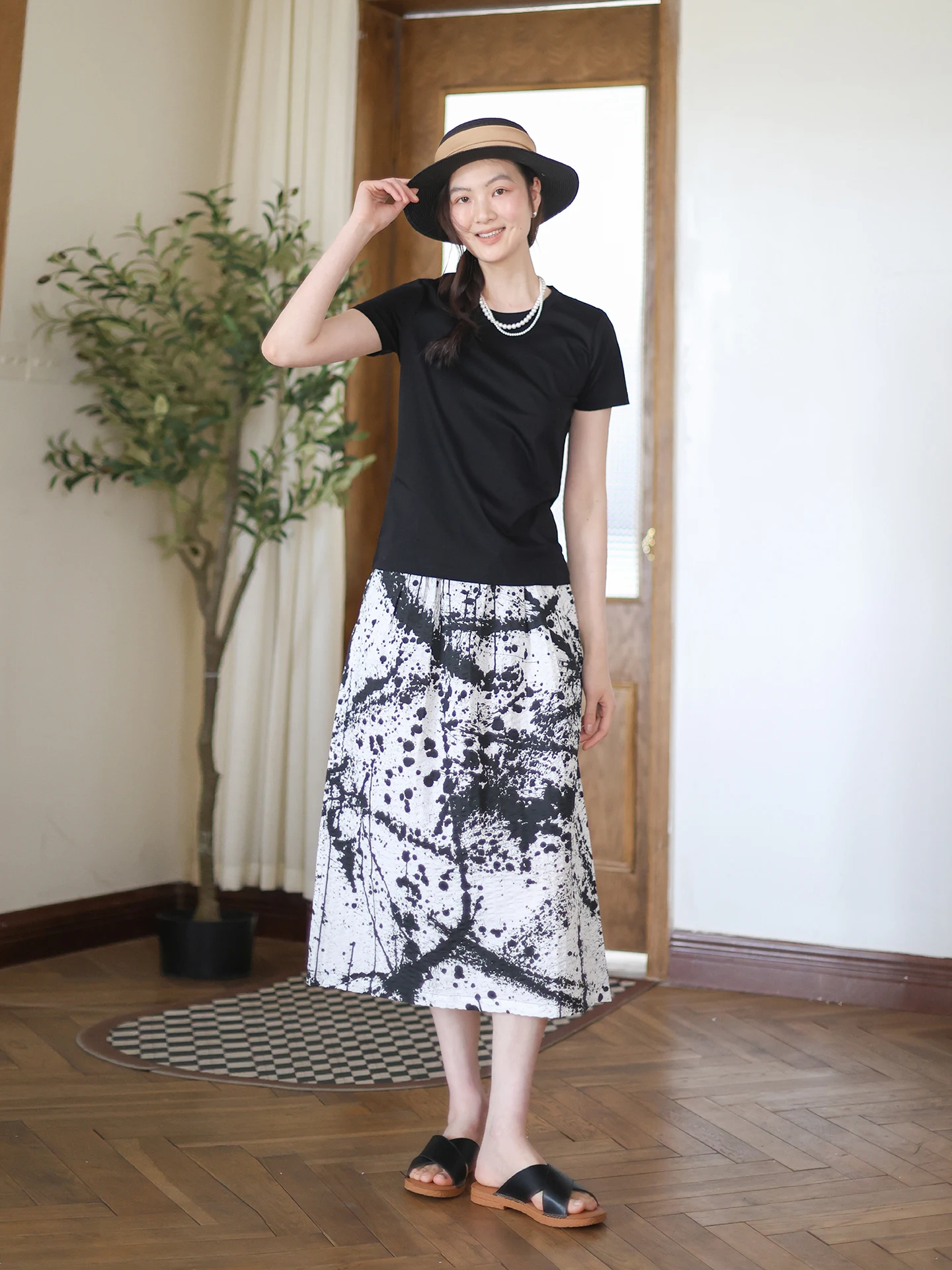 

Summer New Pure Cotton A-Line Skirt Elastic Waist f-length Slimming Hip Covering Artistic Versatile Mid-length Skirt