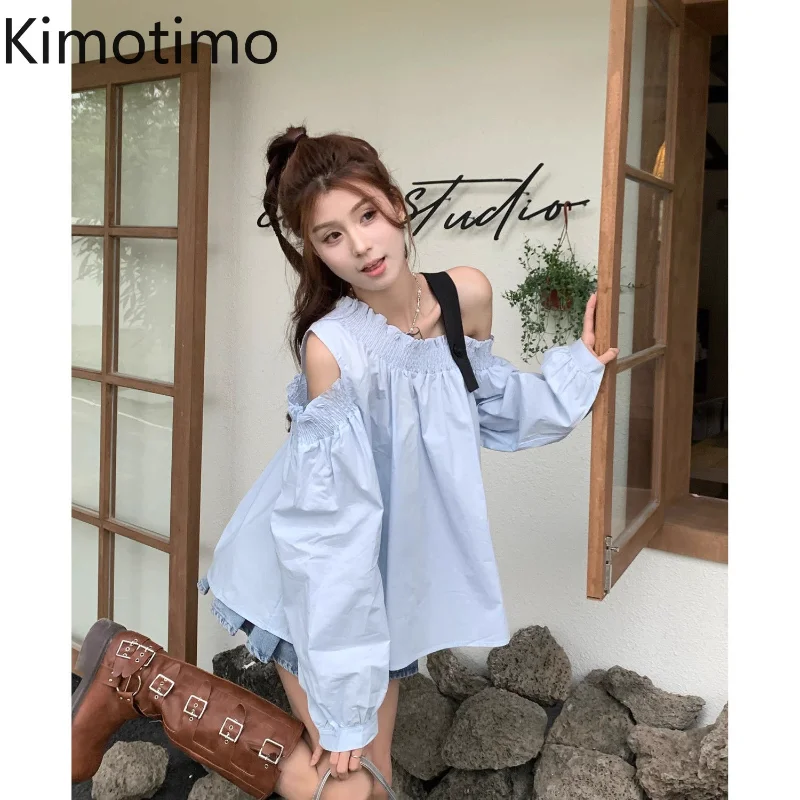 

Kimotimo Ruffle Folds Off Shoulder Blue Shirt Women Spring Summer Loose Asymmetry Long Sleeved Blouses Casual Versatile Tops New