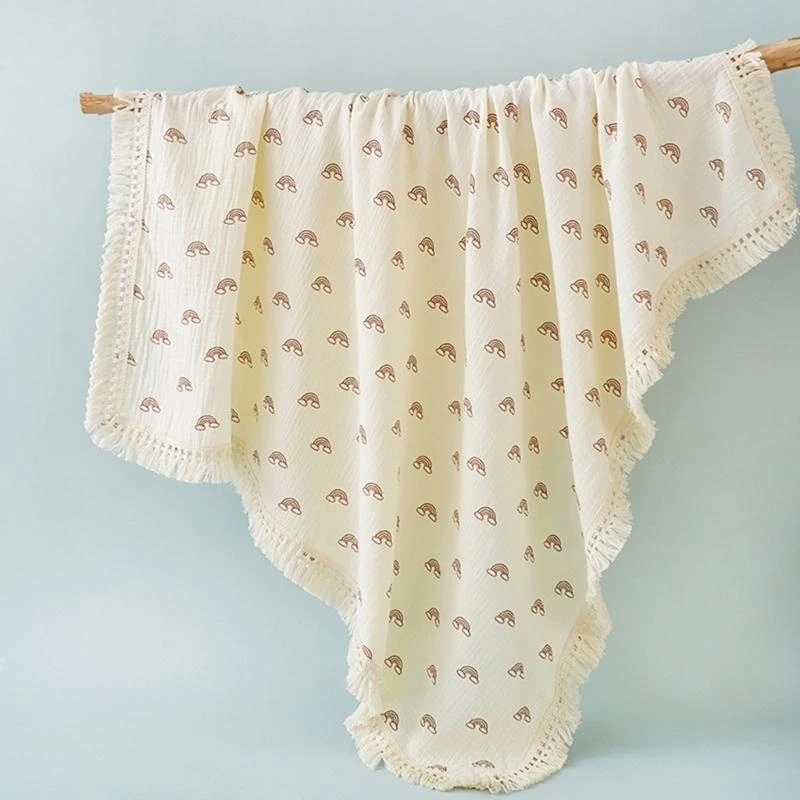 J15U 110x110cm babydeken katoenen doeken wrap zacht en ademend kinderwagens cover schattig bedrukt levering deken met franje