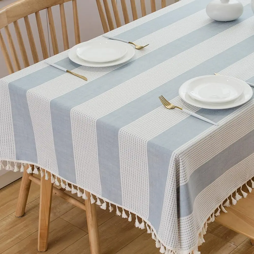 

Navy Blue and White Striped Rectangle Tablecloth Boho Cotton Cloth Tablecloths for 6 Foot Rectangle Tables (86'x55', Blue)