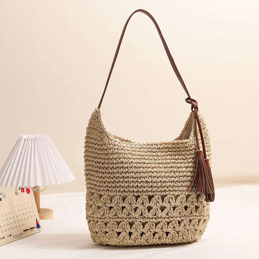 

Летняя соломенная сумка большой вместимости, женская новая тканая сумка на плечо с кисточками, повседневные вязаные крючком пляжные сумки для покупок для отдыха