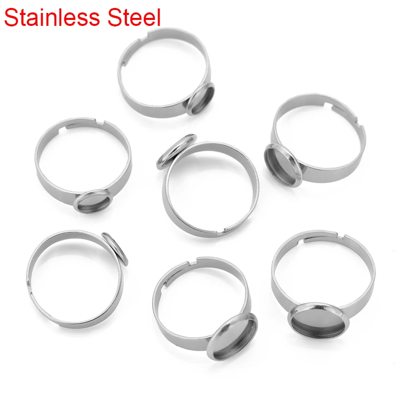 

10pcs/lot Stainless Steel Blank Ring Base Adjustable 6mm 8mm 10mm 12mm Glass Cabochons Settings Tray for Craft Jewelry Making