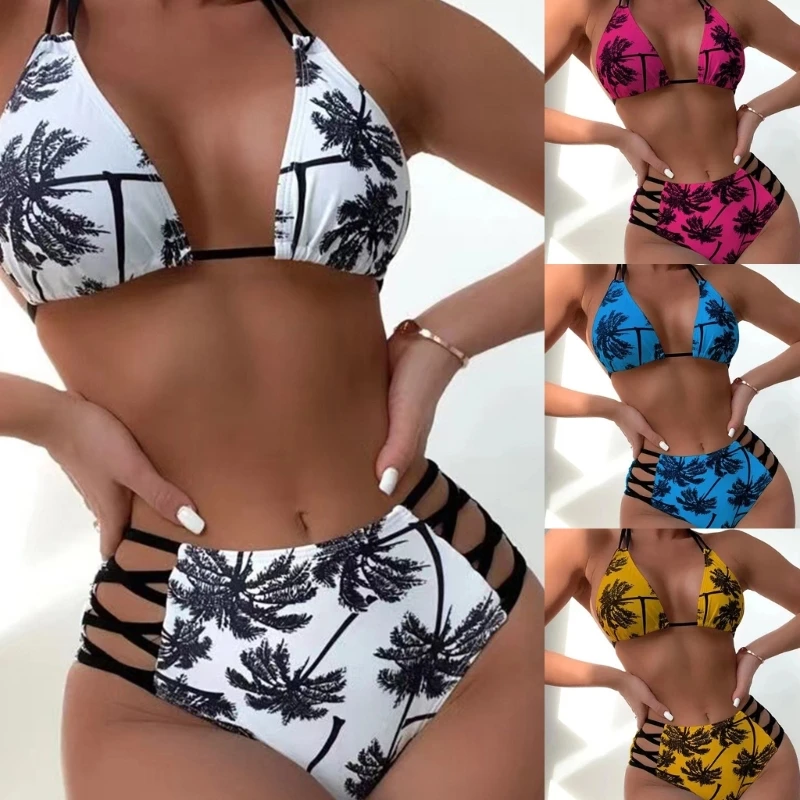 

2024 New Womens Two-piece Soft Bag High Cut Bikinis Sexy Lacing Bathing Suits Thong Beachwear Colorful Printing Strappy Swimwear