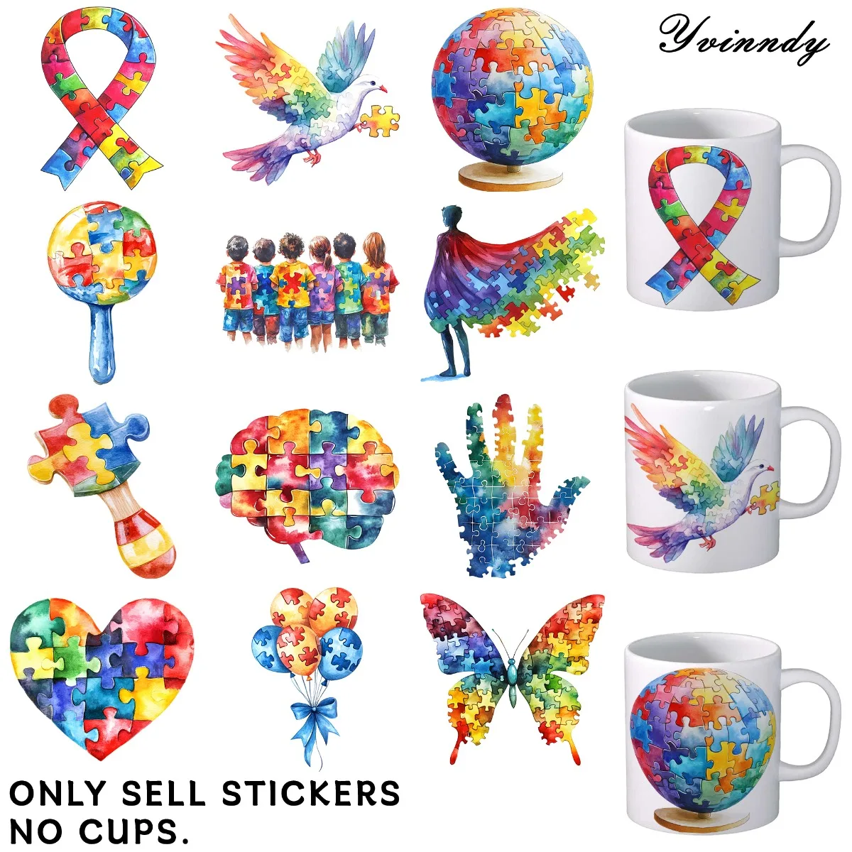 

UV DTF Transfer Sheets, Mark Cup Wraps, 12 Pieces Caring For Autism Patterns Random Designs UV DTF Transfer Paper Waterproof