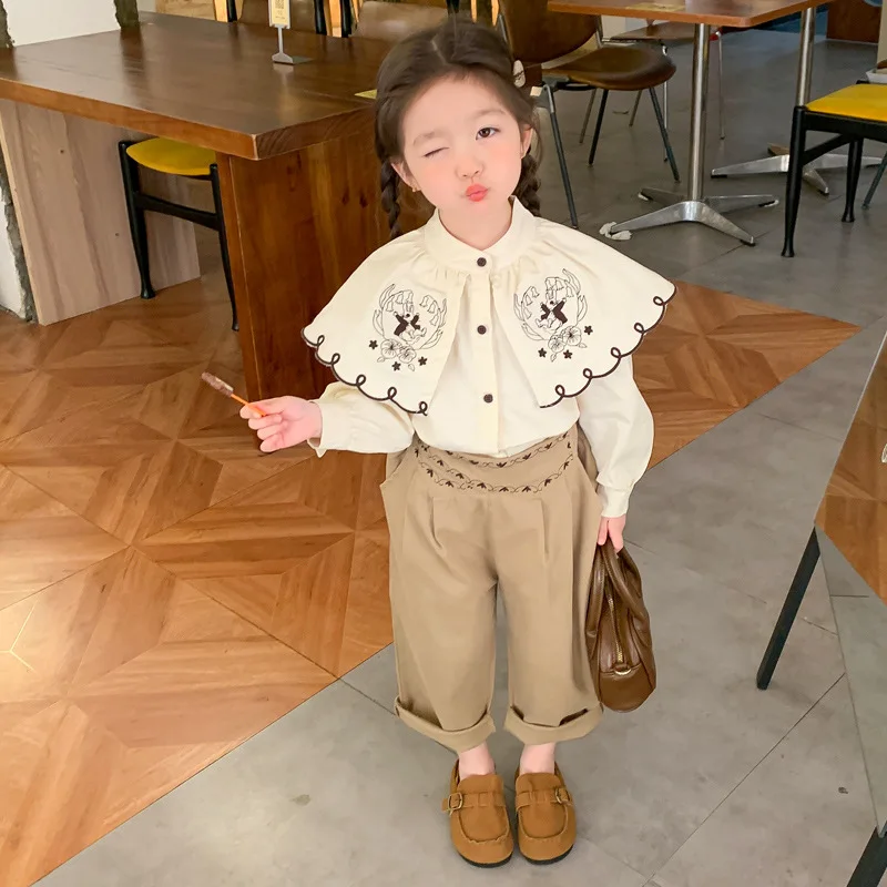 Children Clothing 2024 Spring and Autumn New Girls French Style Large Lapel Embroidered Shirt Straight Leg Pants Two Piece Set