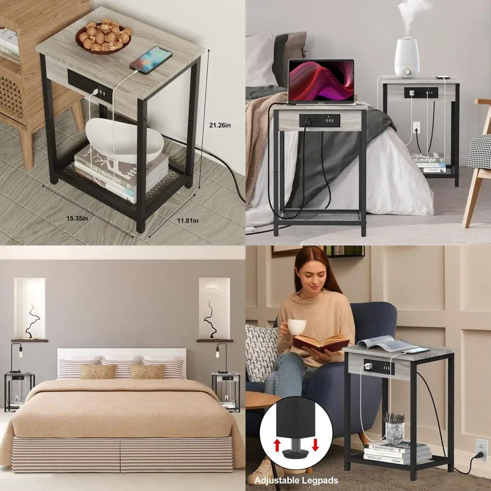 

Pair of Farmhouse Style Nightstands with USB Charging and Outlets for Bedroom