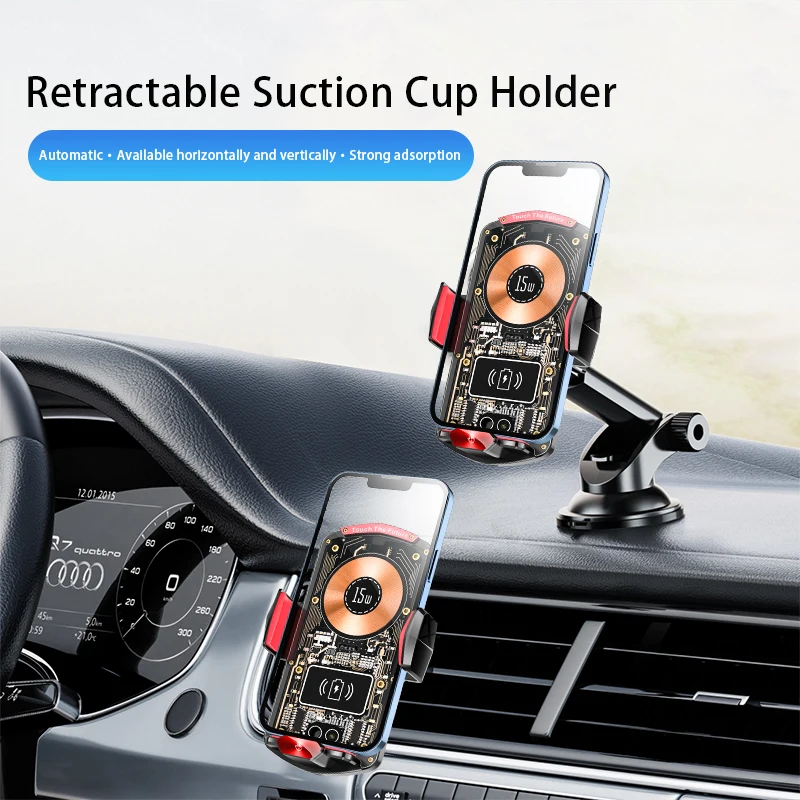 15W Universal Car Wireless Charger Holder Auto-Sensing Ambient Light 360 Rotating 66W Plug Charging Mount for iPhone/Samsung/Car view 2