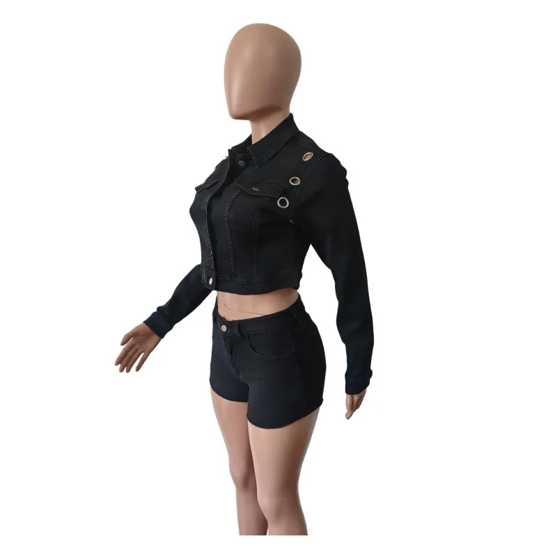 KEXU New Autumn Winter Denim Shorts Set Women Elastic Slim Long Sleeve Two Piece Outfit Hot Sale
