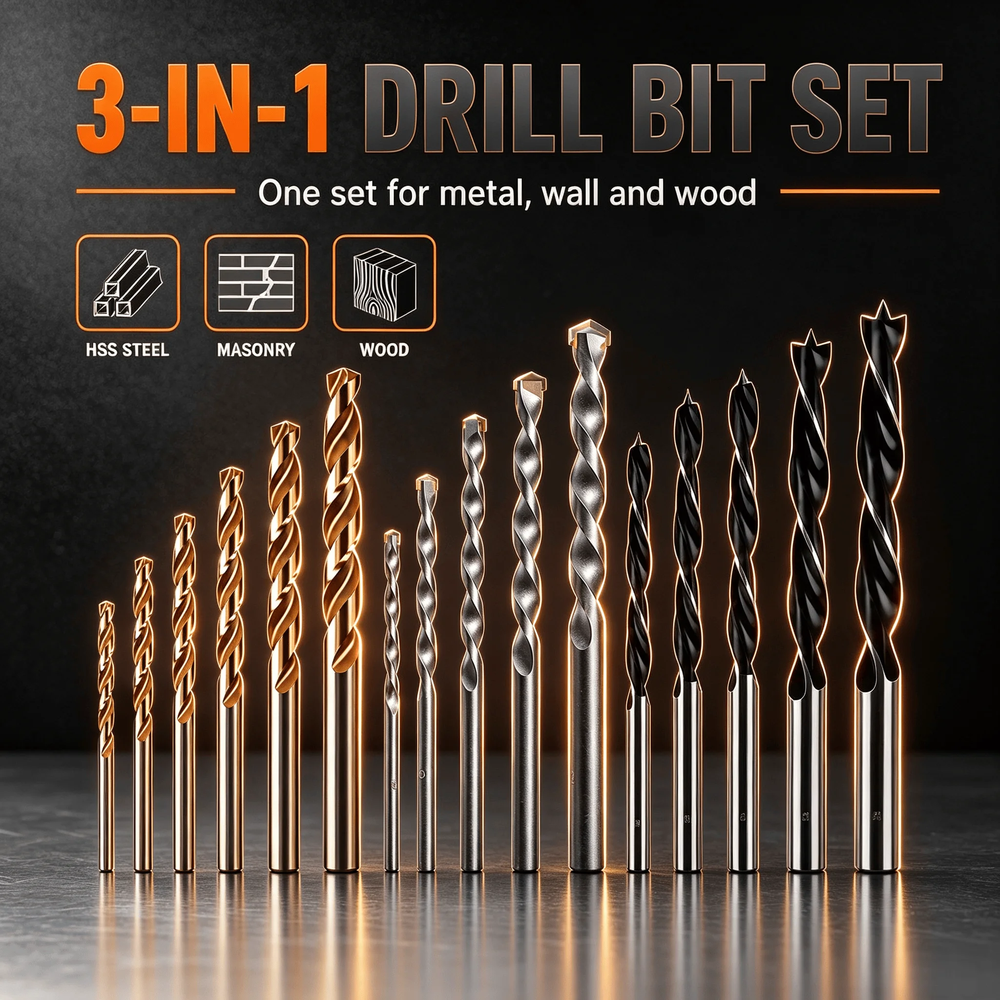 16Pcs 3-in-1 Drill Bit Set HSS Twist Masonry Wood Drill Bits 2-10mm for Metal Concrete Brick Wood DIY Home Drilling Tools