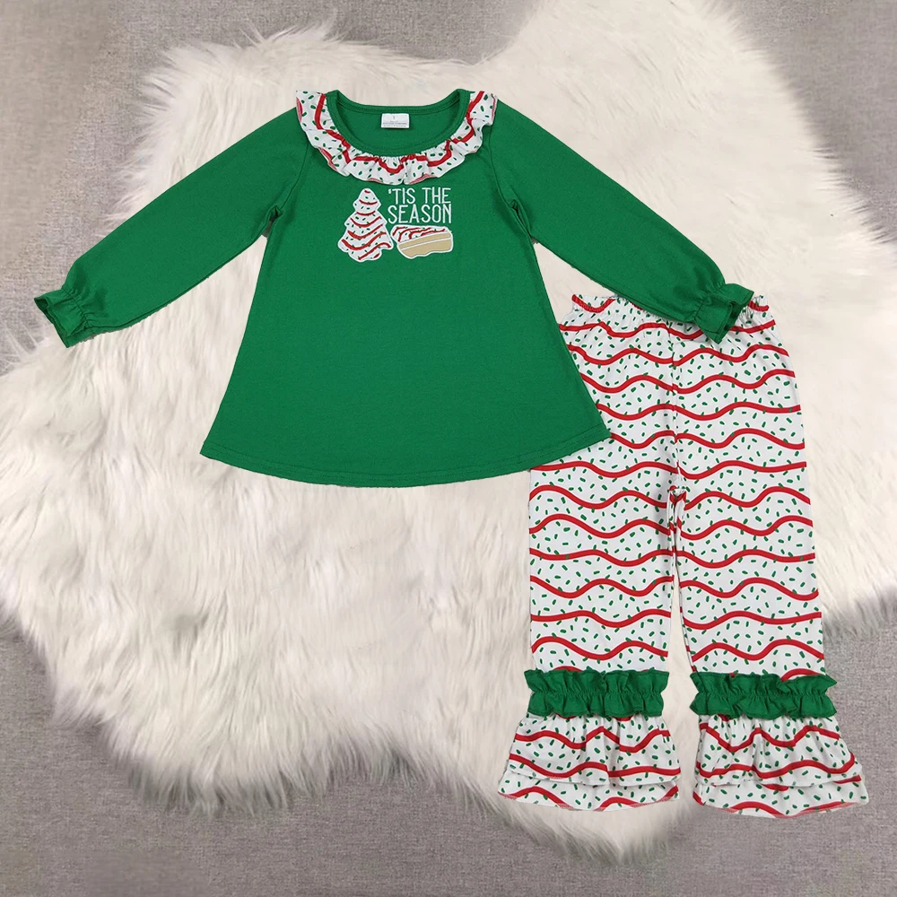 

Baby Girls Christmas Tree Cake Tunic Ruffle Pants Set Seasonal Outfit 'Tis the Season Holiday Clothing for Girls