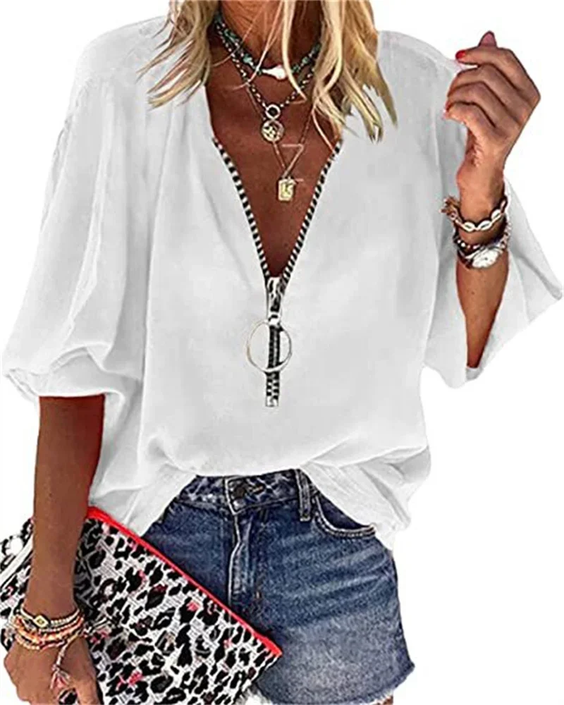 Spring Summer New Solid Color Lantern Sleeve Zipper V-Neck Blouses Women's Office Lady Casual Loose Shirt Women's Tops Blusas