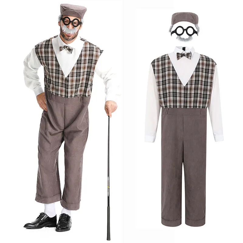 Umorden Opa Oude Man Kostuum Voor Mannen Volwassen Jumpsuit Cap Bril Met Snor Britse Oude Heer Grey Plaid